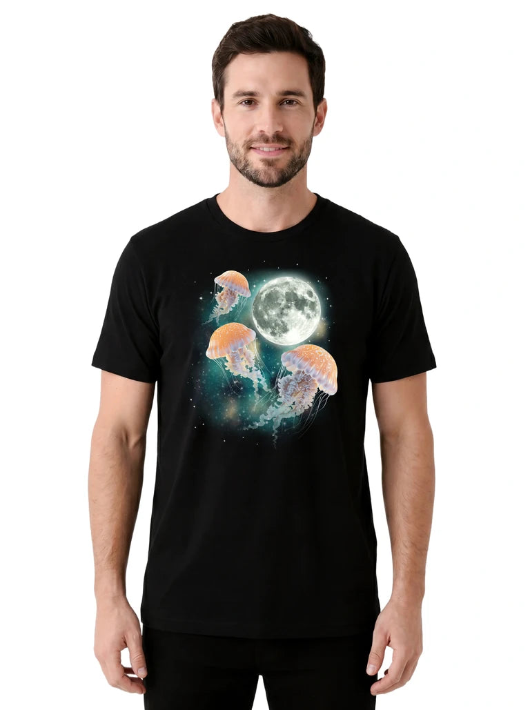 MagicMoon Three Jellyfish Moon on model front view, Funny Animal Shirt, White Elephant Gift