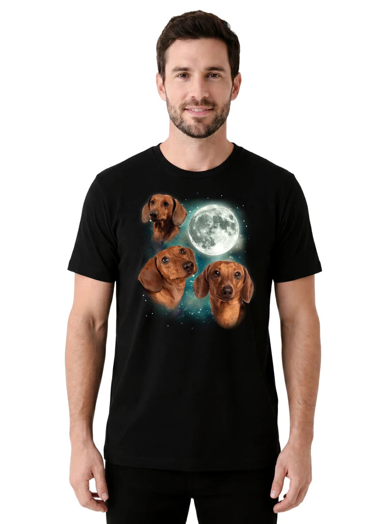 MagicMoon Three Dachshund 2 Moon on model front view, Funny Animal Shirt, White Elephant Gift