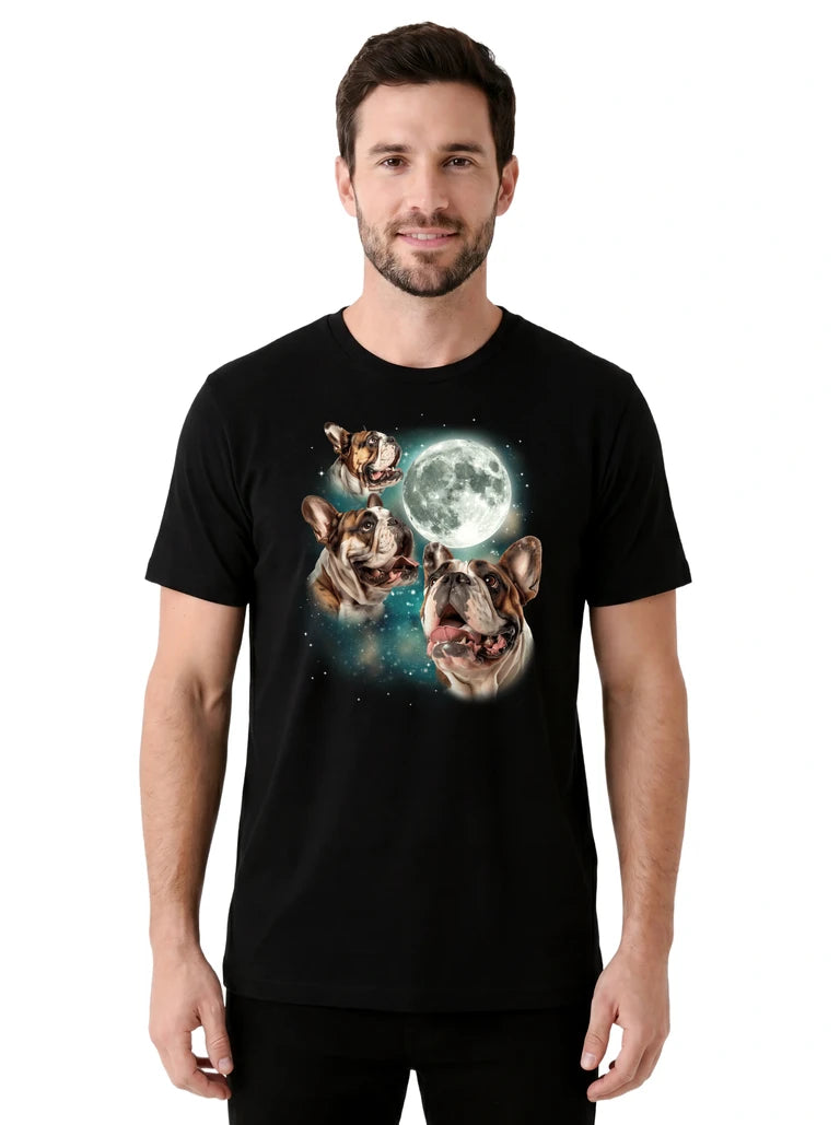 MagicMoon Three Bulldog Moon on model front view, Funny Animal Shirt, White Elephant Gift