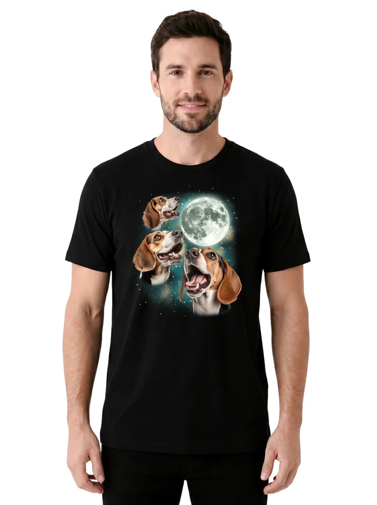 MagicMoon Three Beagle Moon on model front view, Funny Animal Shirt, White Elephant Gift
