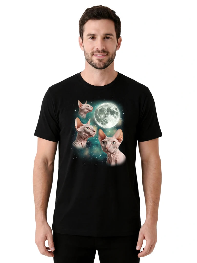 MagicMoon Three Sphynx Cat Moon on model front view, Funny Novelty Shirt, White Elephant Gift