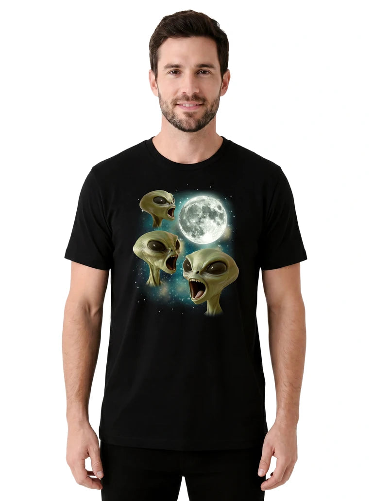 MagicMoon Three Alien Moon on model front view, Funny Novelty Shirt, White Elephant Gift