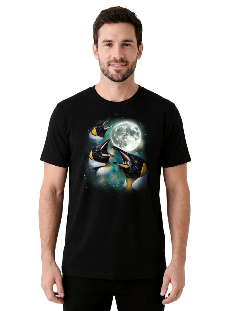 MagicMoon Three Penguin Moon on model front view, Funny Animal Shirt, White Elephant Gift
