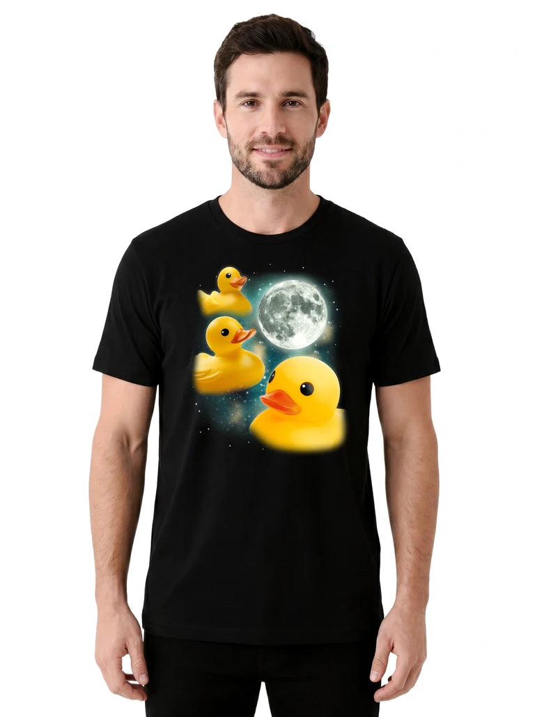 MagicMoon Three Rubber Duck Moon on model front view, Funny Novelty Shirt, White Elephant Gift