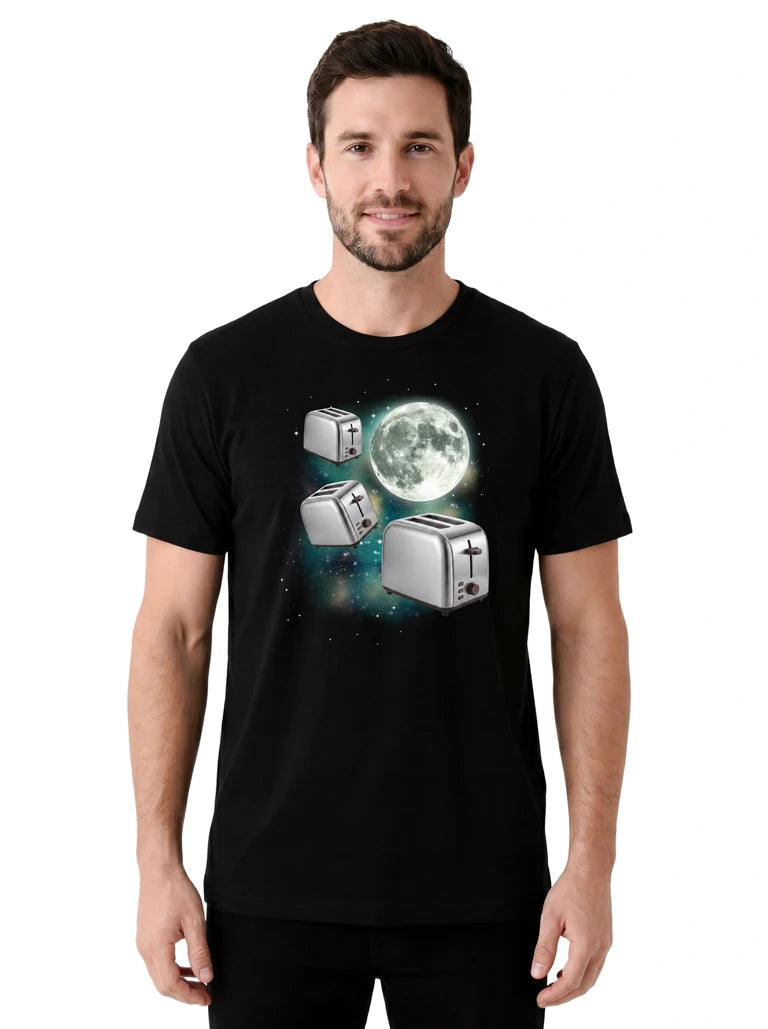 MagicMoon Three Toaster Moon on model front view, Funny Novelty Shirt, White Elephant Gift