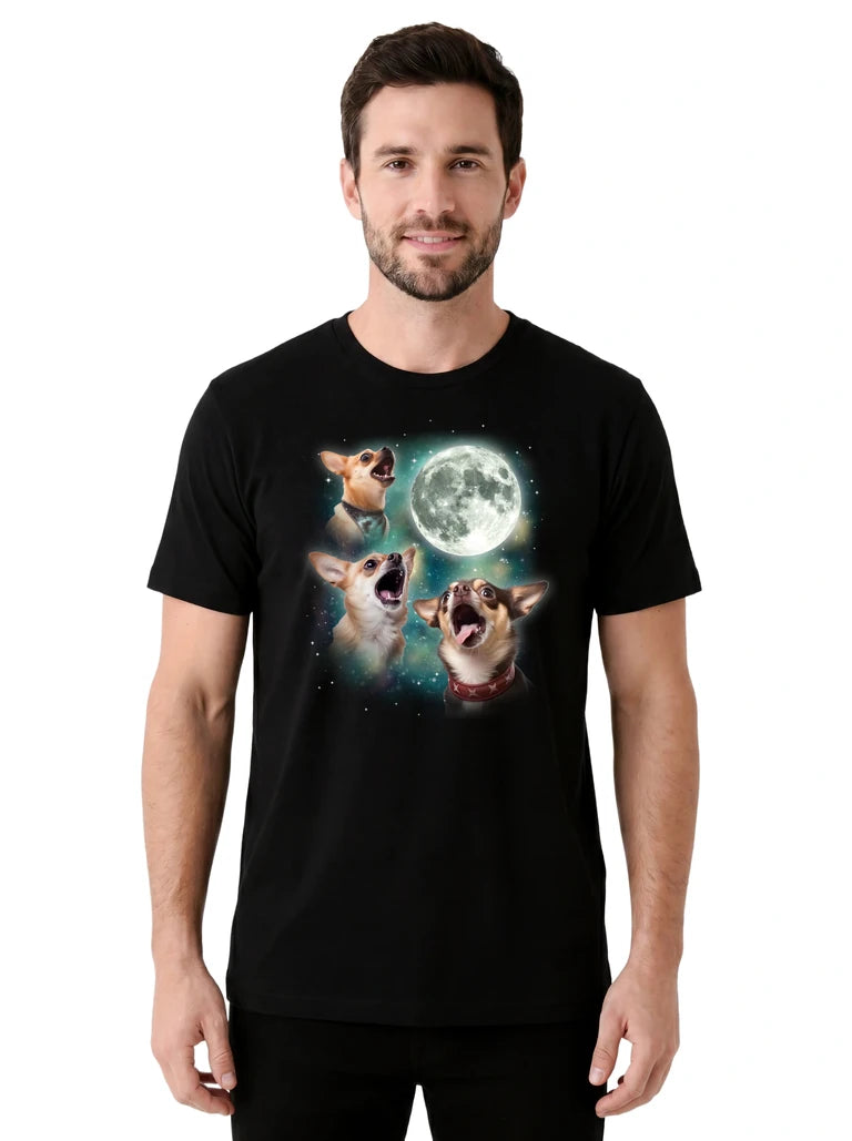 MagicMoon Three Chihuahua 2 Moon on model front view, Funny Animal Shirt, White Elephant Gift