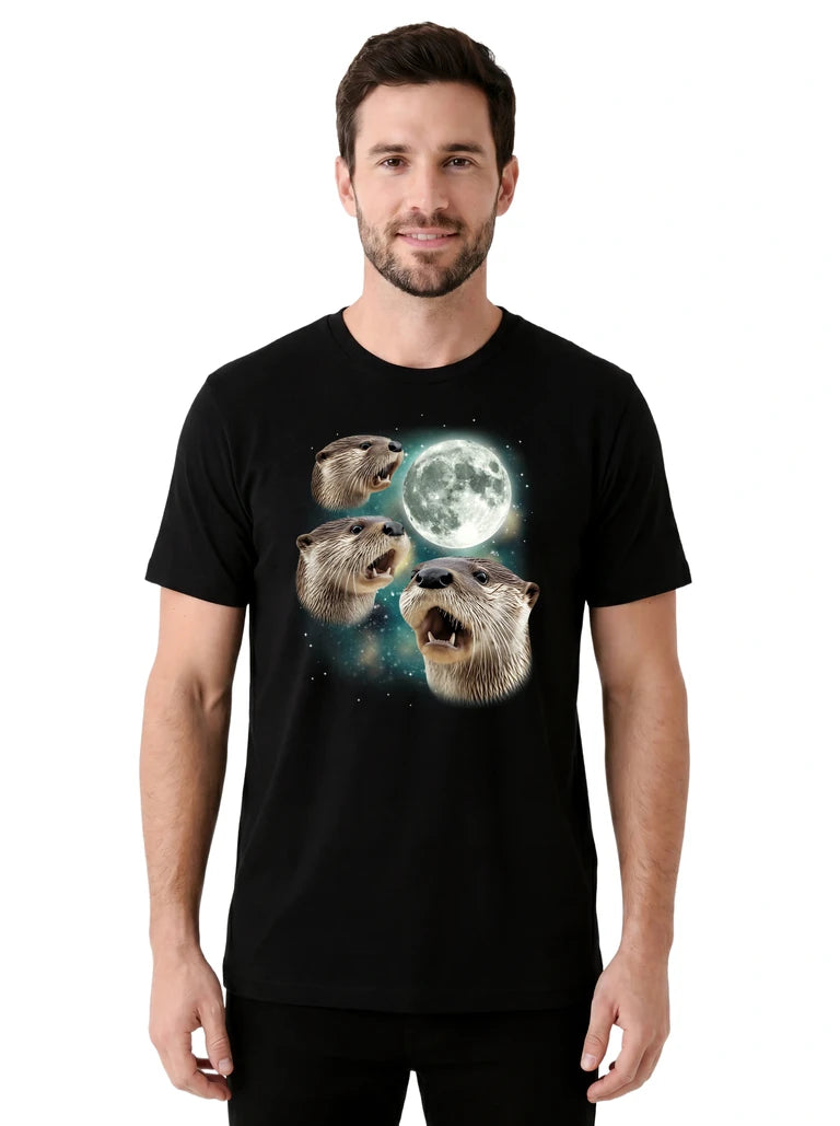 MagicMoon Three Otter Moon on model front view, Funny Animal Shirt, White Elephant Gift