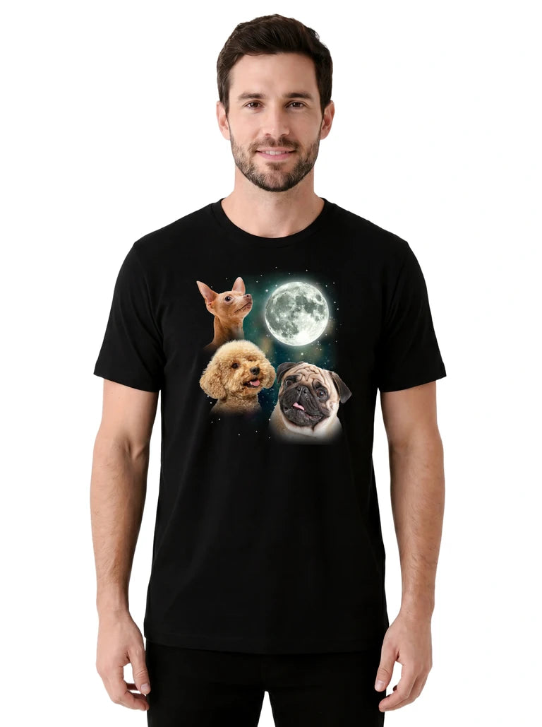 MagicMoon Three Dog Moon on model front view, Funny Animal Shirt, White Elephant Gift