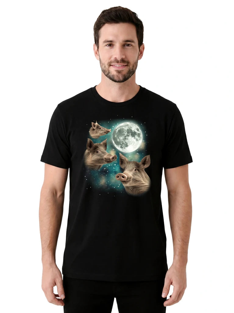 MagicMoon Three Wild Boar Moon on model front view, Funny Animal Shirt, White Elephant Gift