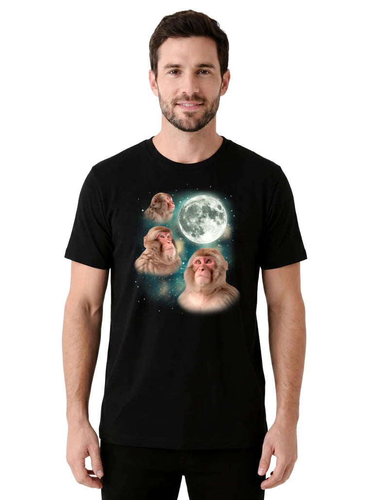 MagicMoon Three Macaque Moon on model front view, Funny Animal Shirt, White Elephant Gift