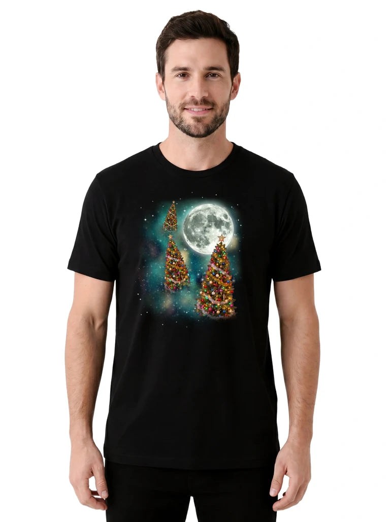 MagicMoon Three Christmas Tree Moon on model front view, Christmas Gift Shirt, White Elephant Gift