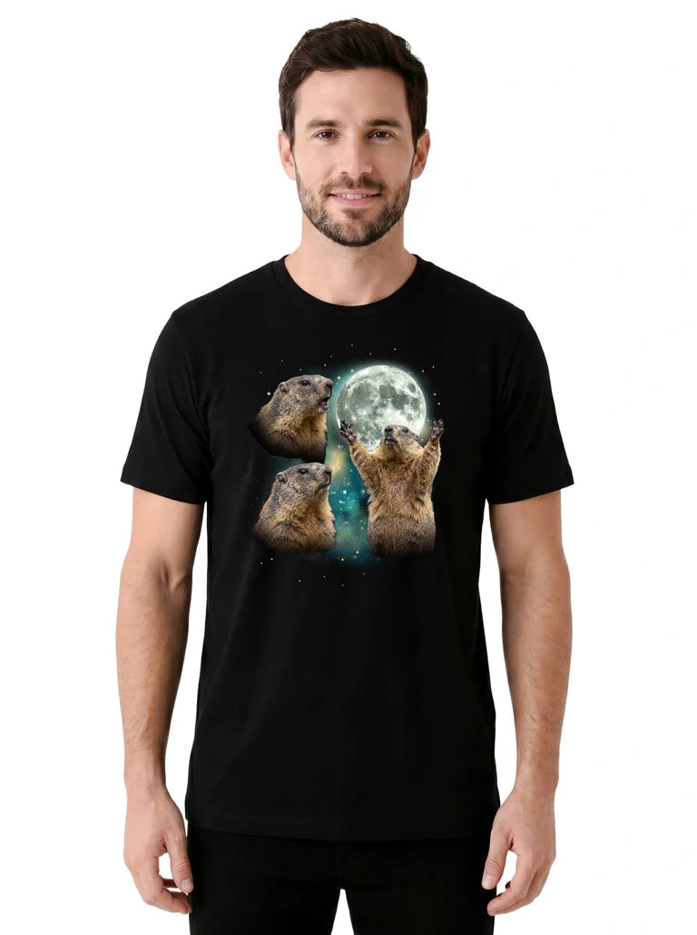 MagicMoon Three Marmot Moon on model front view, Funny Animal Shirt, White Elephant Gift