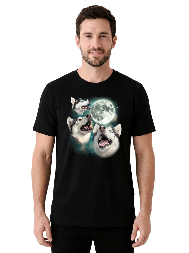 MagicMoon Three Siberian Husky Moon on model front view, Funny Animal Shirt, White Elephant Gift