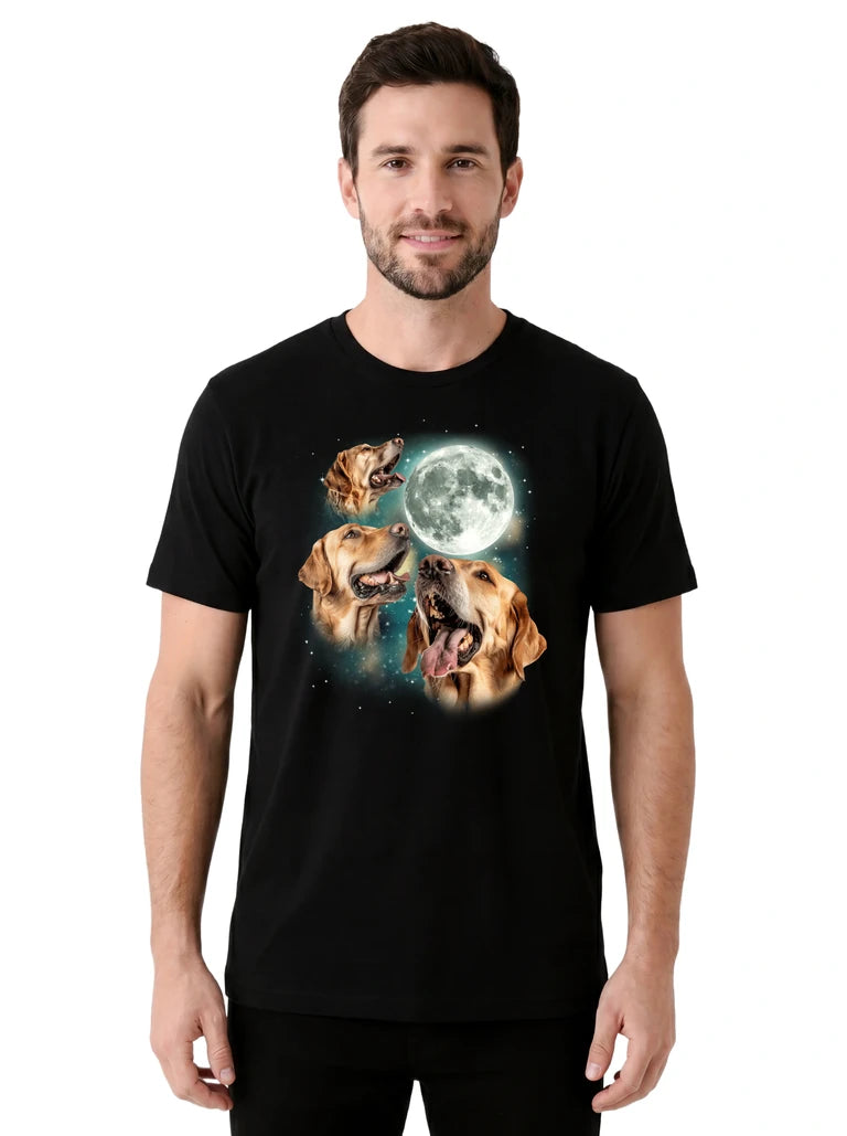 MagicMoon Three Golden Retriever Moon on model front view, Funny Animal Shirt, White Elephant Gift