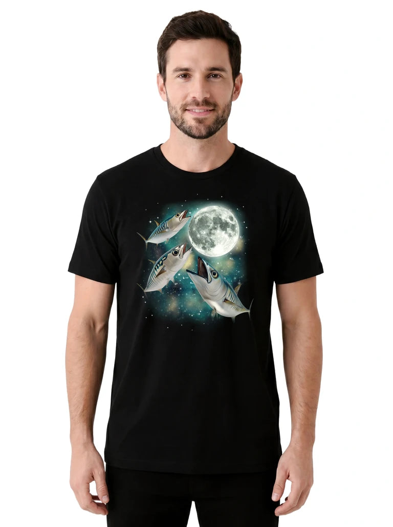 MagicMoon Three Mackerel Moon on model front view, Funny Animal Shirt, White Elephant Gift