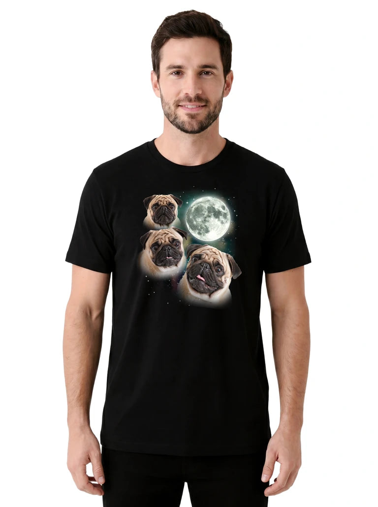 MagicMoon Three Three Pug Moon Moon on model front view, Funny Animal Shirt, White Elephant Gift