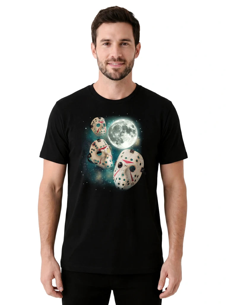 MagicMoon Three Hockey Mask Moon on model front view, Halloween Costume Shirt, White Elephant Gift