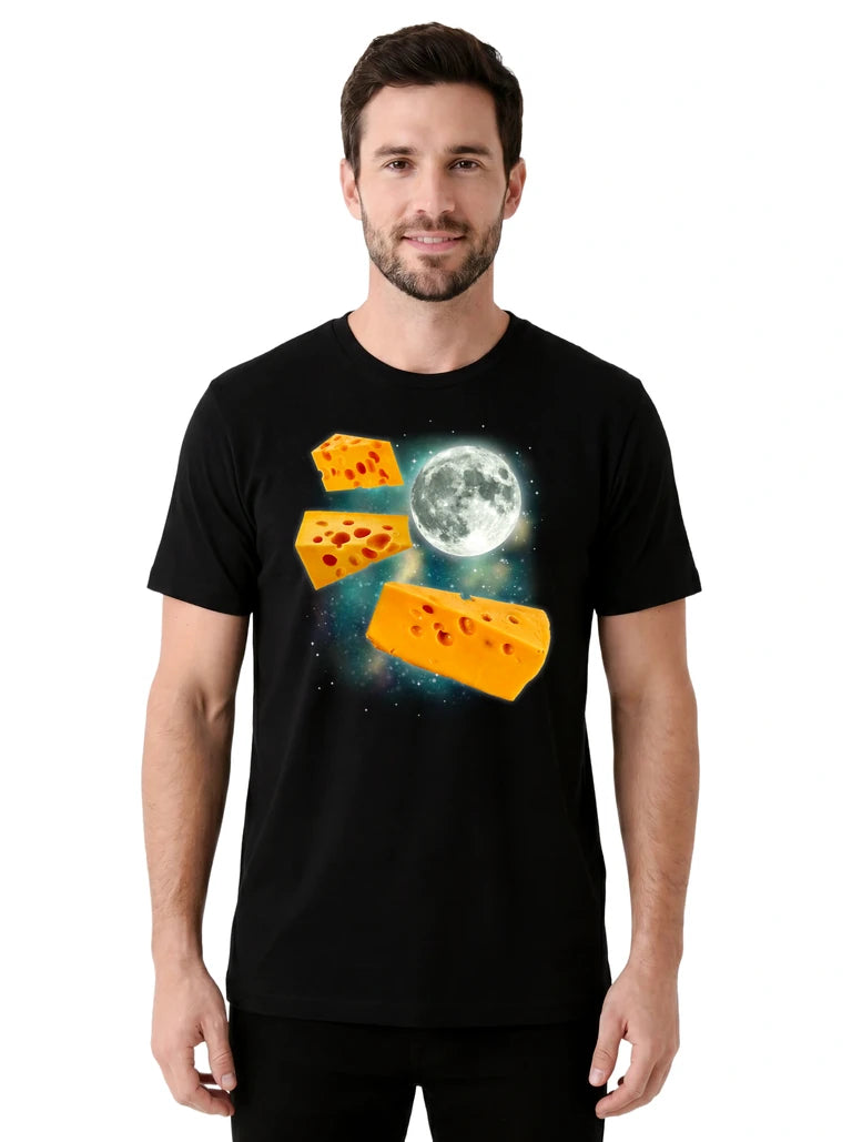 MagicMoon Three Cheese Moon on model front view, Funny Food Shirt, White Elephant Gift