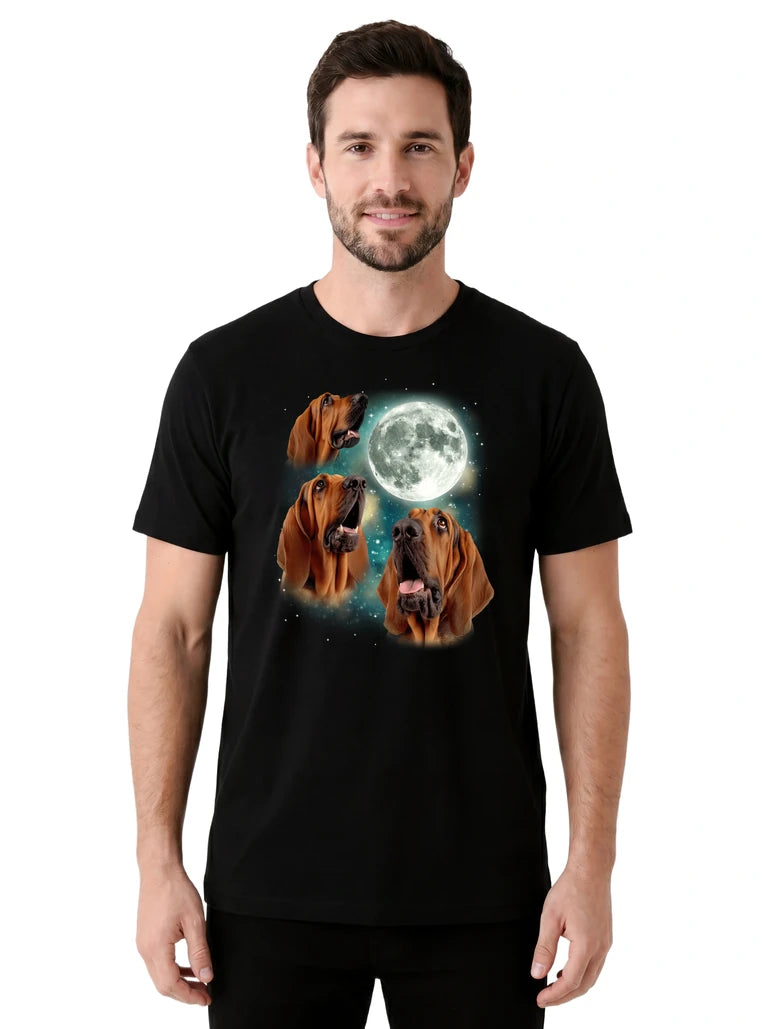 MagicMoon Three Bloodhound Moon on model front view, Funny Animal Shirt, White Elephant Gift