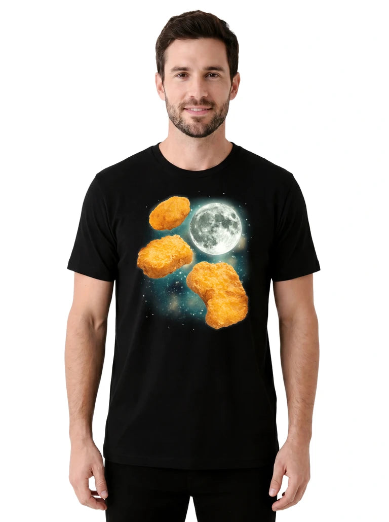 MagicMoon Three Chicken Nugget Moon on model front view, Funny Food Shirt, White Elephant Gift