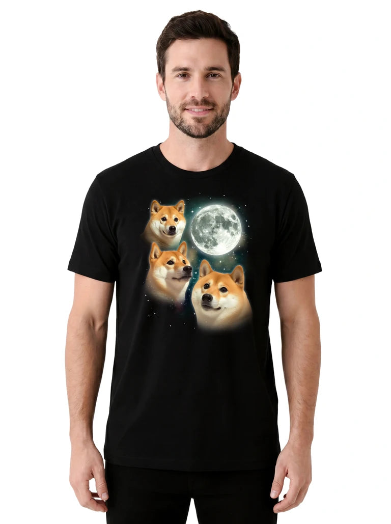MagicMoon Three Doge Moon on model front view, Funny Animal Shirt, White Elephant Gift
