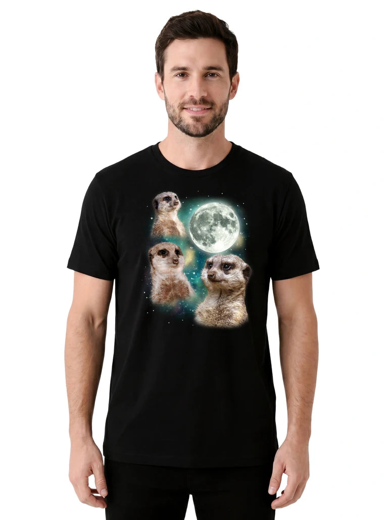 MagicMoon Three Meerkat Moon on model front view, Funny Animal Shirt, White Elephant Gift