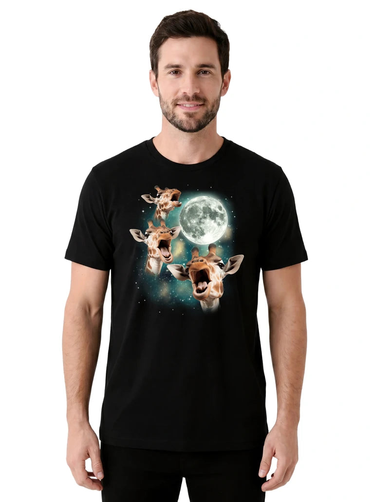 MagicMoon Three Giraffe Moon on model front view, Funny Animal Shirt, White Elephant Gift