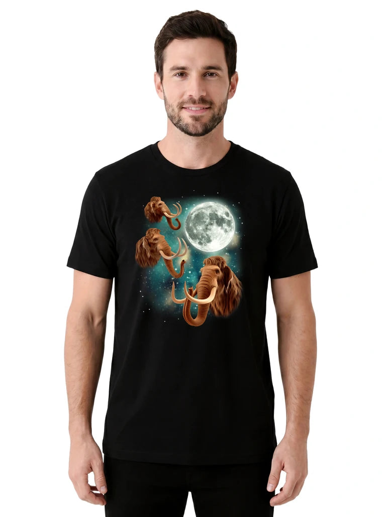 MagicMoon Three Woolly Mammoth Moon on model front view, Funny Animal Shirt, White Elephant Gift