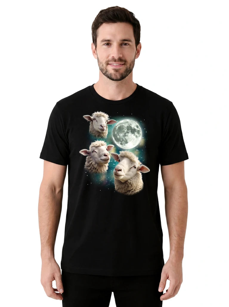 MagicMoon Three Sheep Moon on model front view, Funny Animal Shirt, White Elephant Gift