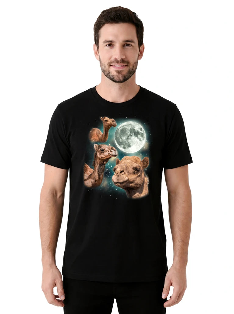 MagicMoon Three Camel Moon on model front view, Funny Animal Shirt, White Elephant Gift