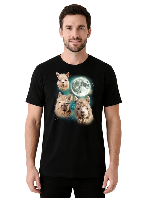MagicMoon Three Alpaca Moon on model front view, Funny Animal Shirt, White Elephant Gift