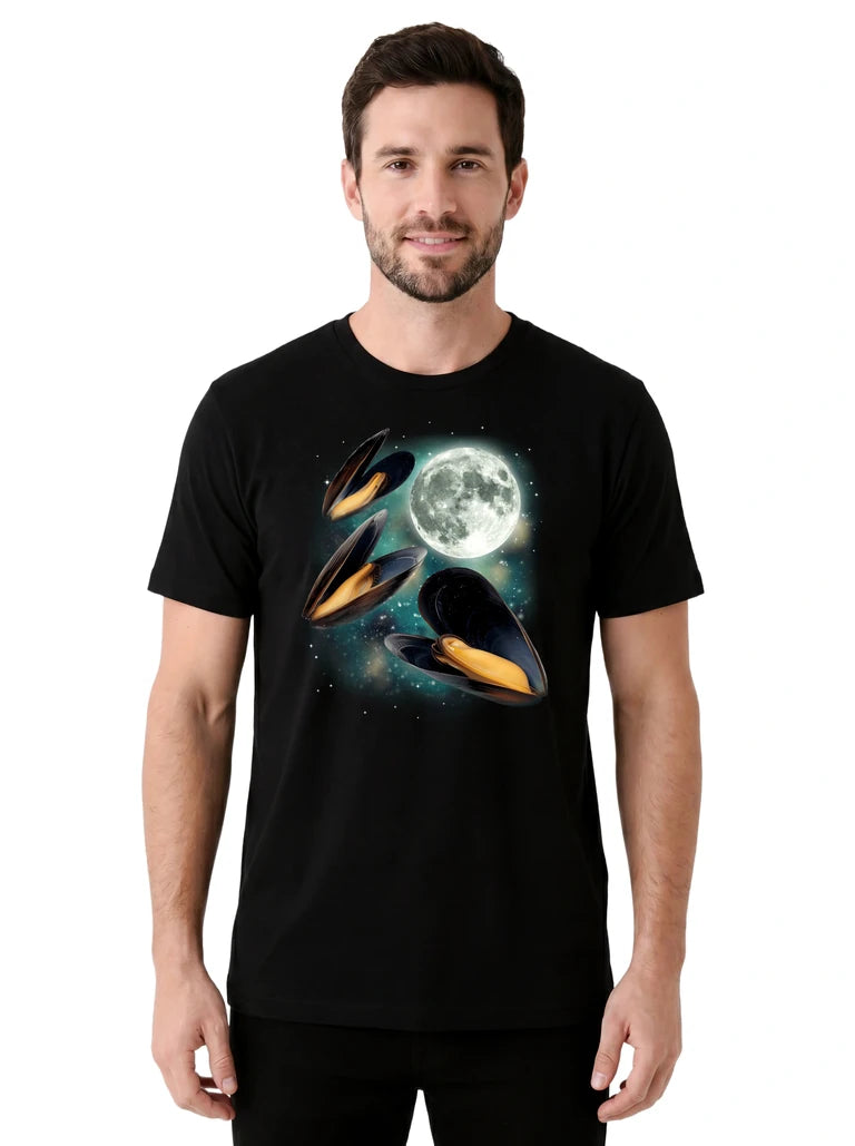 MagicMoon Three Mussels Moon on model front view, Funny Animal Shirt, White Elephant Gift