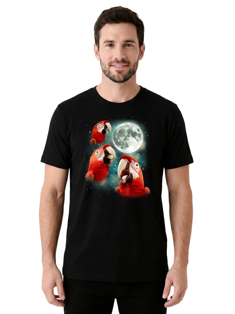 MagicMoon Three Parrot Moon on model front view, Funny Animal Shirt, White Elephant Gift