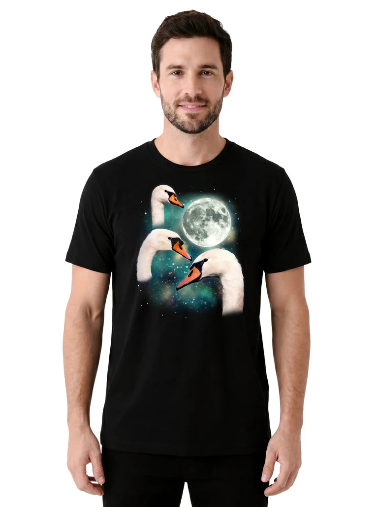 MagicMoon Three Swans Moon on model front view, Funny Animal Shirt, White Elephant Gift