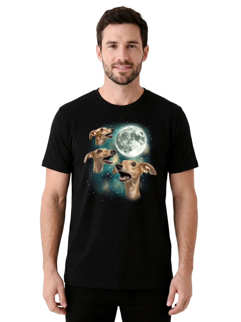 MagicMoon Three Whippet Moon on model front view, Funny Animal Shirt, White Elephant Gift