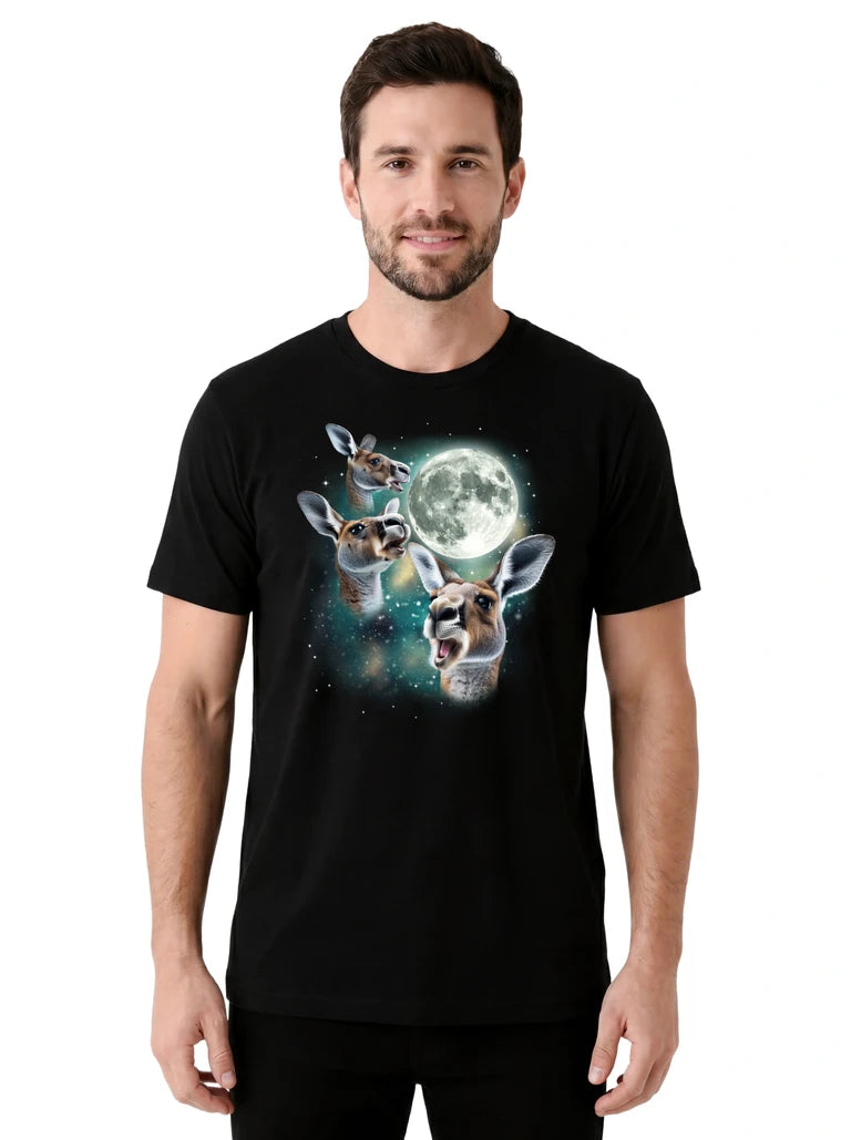 MagicMoon Three Kangaroo Moon on model front view, Funny Animal Shirt, White Elephant Gift