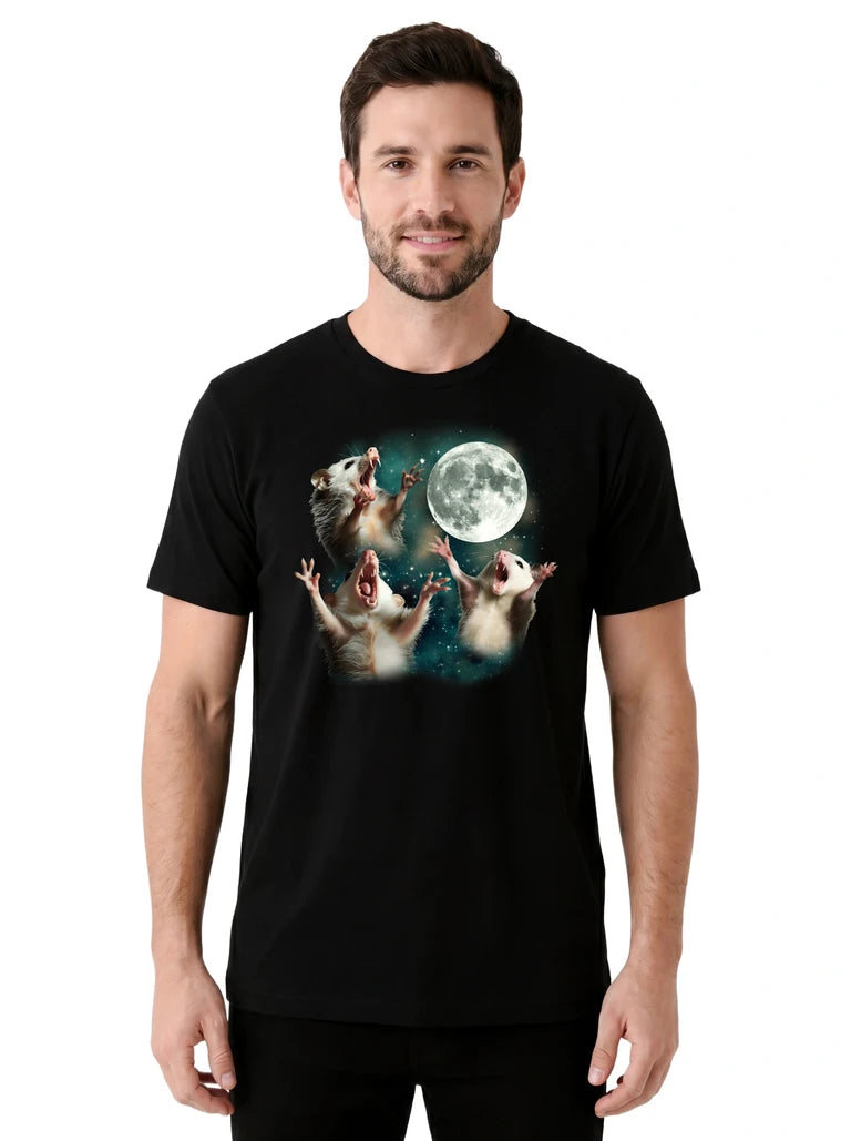 MagicMoon Three Opossum Moon on model front view, Funny Animal Shirt, White Elephant Gift