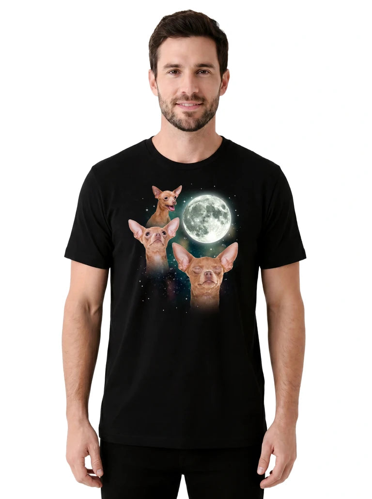 MagicMoon Three Chihuahua Moon on model front view, Funny Animal Shirt, White Elephant Gift