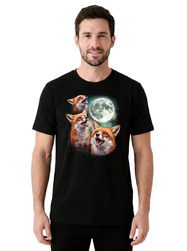 MagicMoon Three Fox Moon on model front view, Funny Animal Shirt, White Elephant Gift