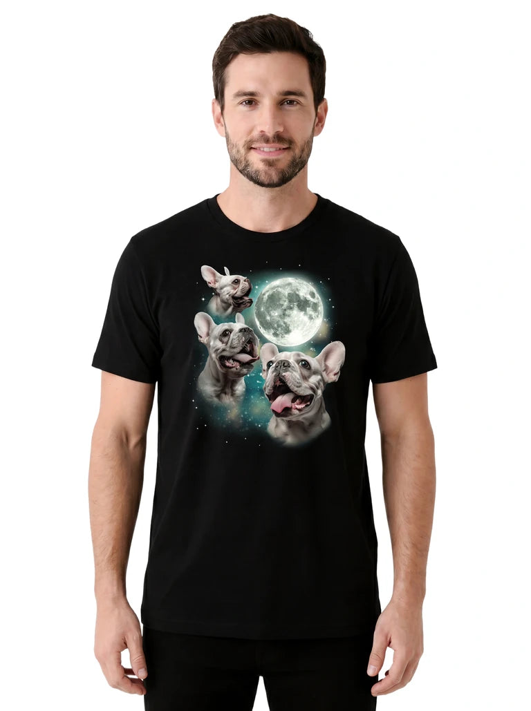 MagicMoon Three French Bulldog White Moon on model front view, Funny Animal Shirt, White Elephant Gift