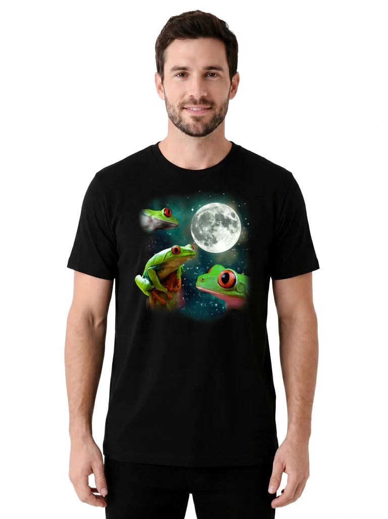 MagicMoon Three Tree Frog Moon on model front view, Funny Animal Shirt, White Elephant Gift