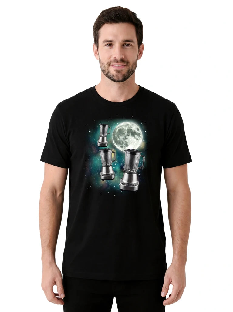MagicMoon Three Blender Moon on model front view, Funny Novelty Shirt, White Elephant Gift