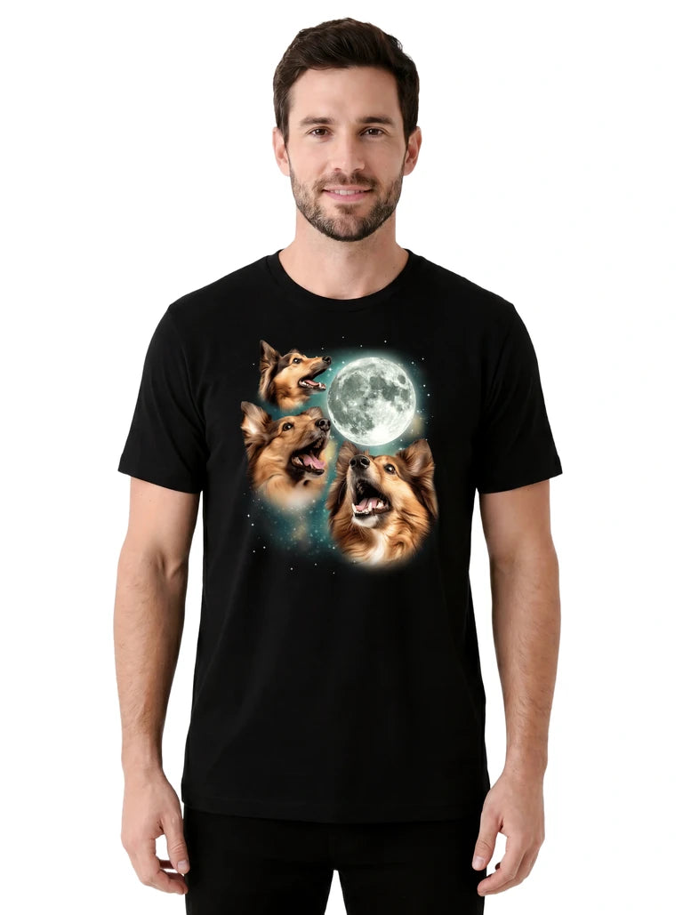 MagicMoon Three Shetland Sheepdog Moon on model front view, Funny Animal Shirt, White Elephant Gift