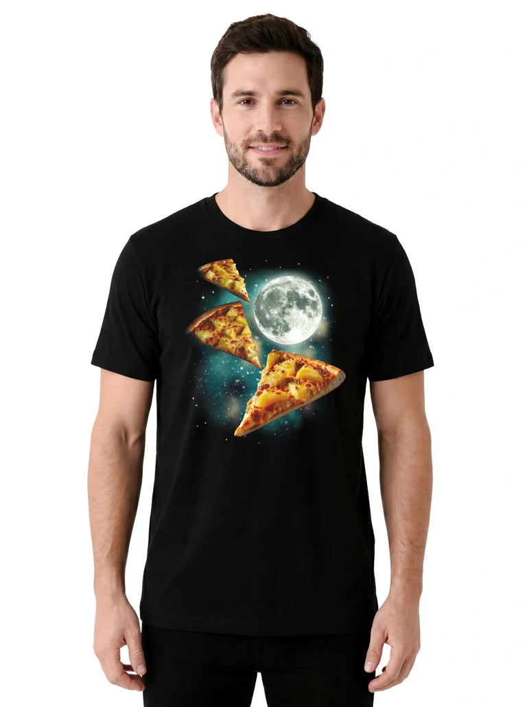 MagicMoon Three Pineapple Pizza Moon on model front view, Funny Food Shirt, White Elephant Gift