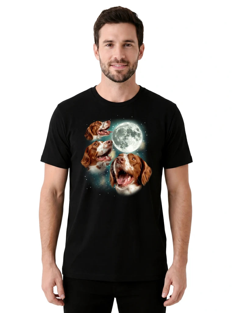 MagicMoon Three Brittany Spaniel Moon on model front view, Funny Animal Shirt, White Elephant Gift