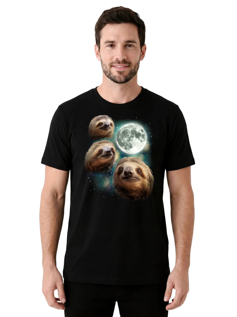 MagicMoon Three Sloth Moon on model front view, Funny Animal Shirt, White Elephant Gift