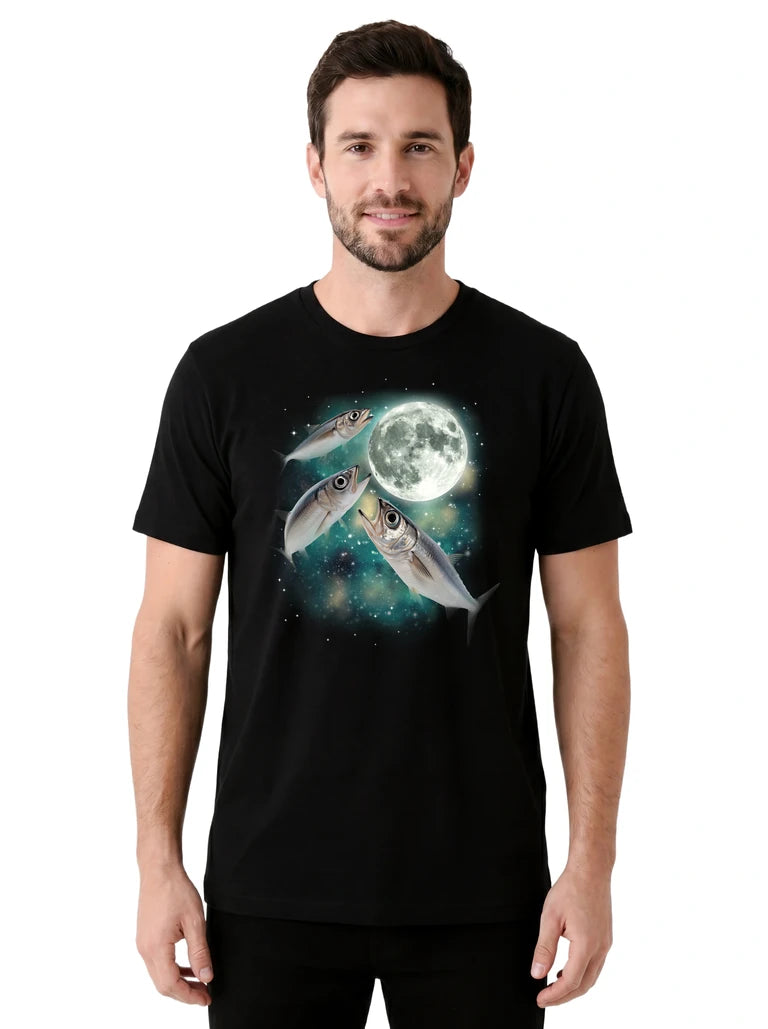 MagicMoon Three Anchovee Fish Moon on model front view, Funny Animal Shirt, White Elephant Gift