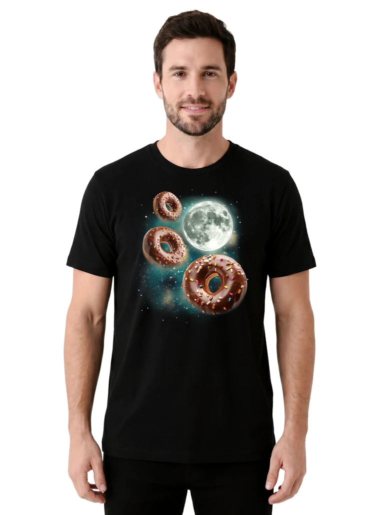 MagicMoon Three Donut Moon on model front view, Funny Food Shirt, White Elephant Gift