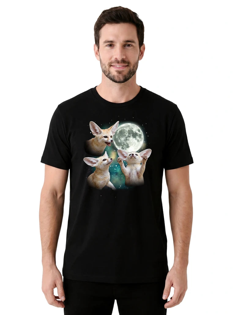 MagicMoon Three Fennec Fox Moon on model front view, Funny Animal Shirt, White Elephant Gift