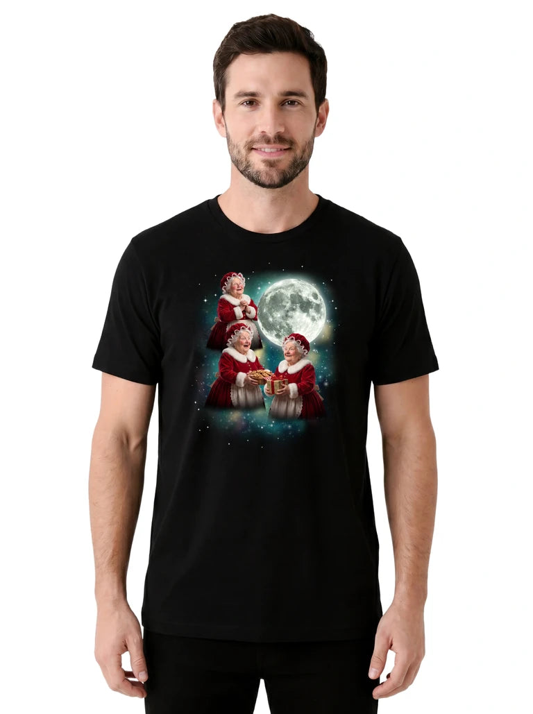 MagicMoon Three Mrs. Claus Moon on model front view, Christmas Gift Shirt, White Elephant Gift